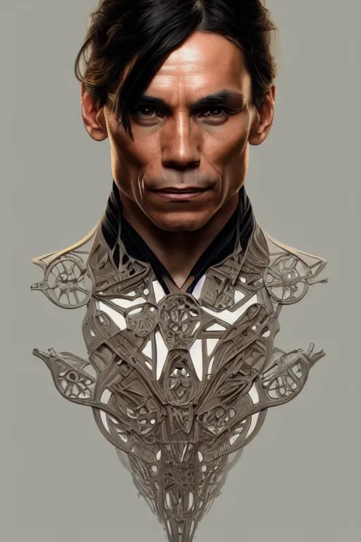 Image similar to symmetry!! portrait of zahn mcclarnon, machine parts embedded into face, intricate, elegant, highly detailed, digital painting, artstation, concept art, smooth, sharp focus, illustration, art by artgerm and greg rutkowski and alphonse mucha, 8 k