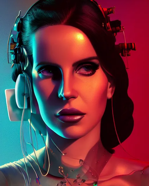 Image similar to portrait of lana del rey as a cyberpunk cyborg. sci - fi intricate abstract upper body intricate artwork, roses, rose petals by tooth wu, wlop, beeple, dan mumford. concept art, octane render, trending on artstation, greg rutkowski, asymmetrical, cinematic arthouse, key art, hyper realism, iridescent accents