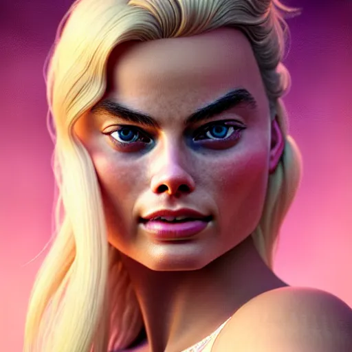 Prompt: a beautiful portrait of margot robbie as cute barbie ; crisp sharp focus ; ultra realistic, concept art, intricate details, stunning model, highly detailed, photorealistic, octane render, 8 k, unreal engine. art by artgerm and greg rutkowski and charlie bowater and magali villeneuve and alphonse mucha