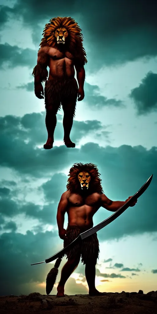 Prompt: muscular oversized lion animal as barbarian hunter covered in blood with weapon and anthropomorphic human oversized mutant proportions and very hairy body , backlight body , extreme very textured detailed panoramic polaroid photograph, silhouette over sunset, dramatic clouds and cyan atmosphere