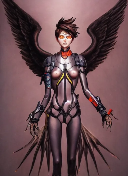 Image similar to full body artwork of tracer overwatch wearing leather collar in style of zdzisław beksinski, angel wings, dramatic painting, symmetrical composition, wearing detailed leather collar, black shiny armor, chains, black harness, detailed face and eyes,