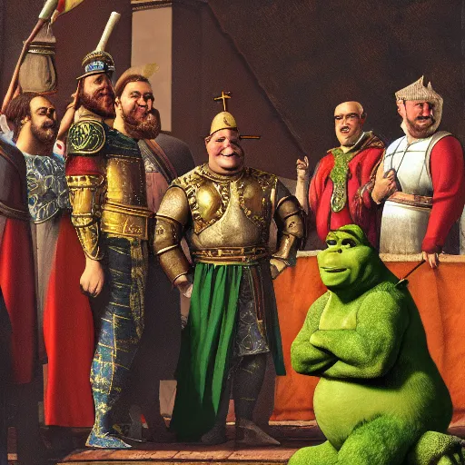 Image similar to shrek is crowned as the byzantine emperor, oil on canvas, 1 8 9 3, high quality, high resolution