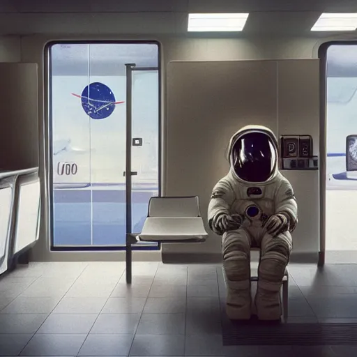 Image similar to a beautiful photo of an astronaut waiting in a laundromat, 1970', soft light, morning light, photorealistic, realistic, octane, 8k, cinematic shot