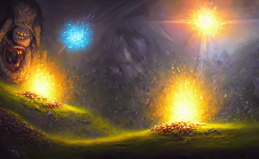 Image similar to magic : the gathering fantasy concept art of excited riceballs with excited expressions bouncing down a mountain path, by marco bucci, high resolution, the riceballs are bouncing up and down, rice granules scattered all around, balls of rice, bouncing, fantasy coloring, intricate, digital painting, artstation, smooth, sharp focus