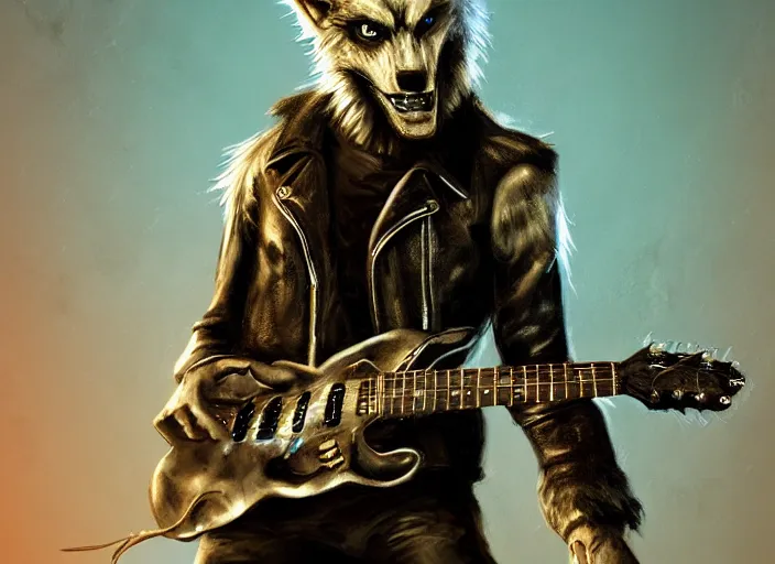 Image similar to werewolf rockstar, leather jacket, electric guitar, matte painting, artstation