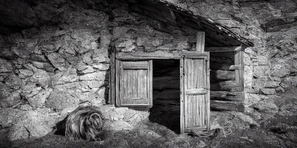 Image similar to photography of an old alpine hut, hay monster crawling out the door, alp, dolomites, alpine, detailed intricate insanely detailed octane render, 8k artistic 1920s photography, photorealistic, black and white, chiaroscuro, hd, by David Cronenberg, Raphael, Caravaggio