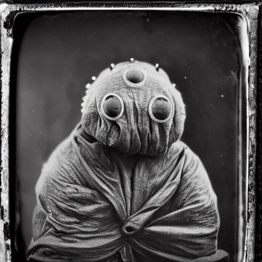 Image similar to tardigrade!!! daguerreotype portrait photograph. inspired by gerard grom and ansel adams. highly detailed. old timey.