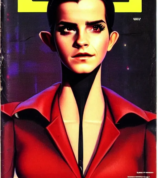 Image similar to a cyberpunk very ugly mafia boss in a suit with slicked back black hair played by emma watson as an elf, 1 9 7 9 omni magazine cover, style by vincent di fate, artgerm, very coherent, detailed, 4 k resolution, bright, unreal engine, daz