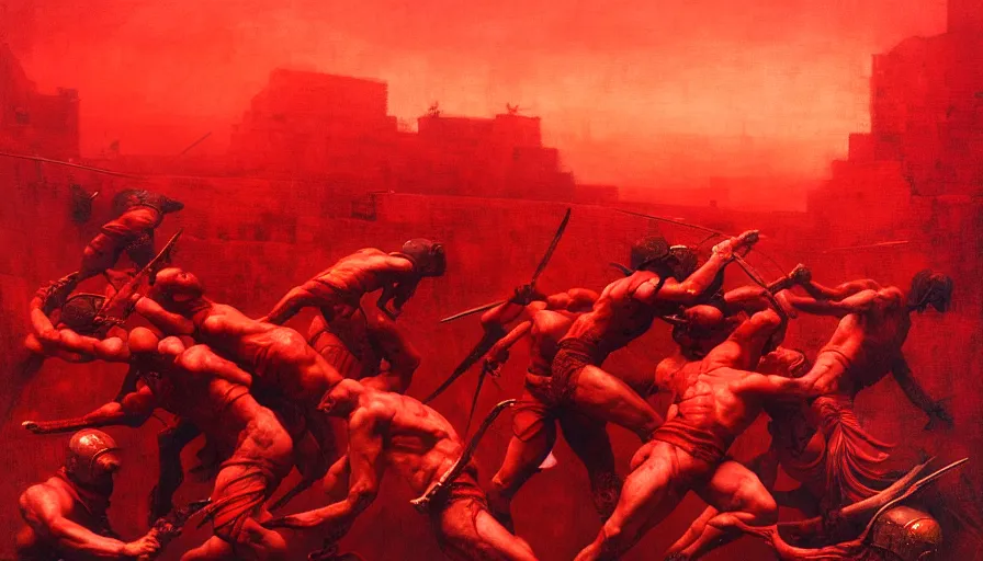 Image similar to only with red, bloody armored gladiator battle in a crowded roman amphitheatre, crowd cheering, in the style of beksinski and edward hopper and rodcenko and yue minjun and greg rutkowski, intricate and epic composition, red by caravaggio, highly detailed, masterpiece, red light, artstation, art nouveau