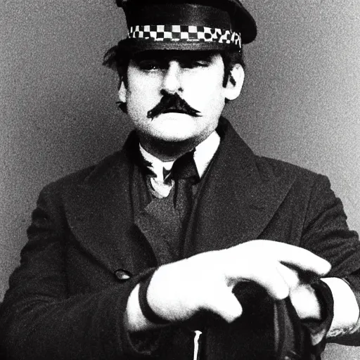 Image similar to Photograph of a man dressed as a London police inspector with a stern look. He is pointing his handgun towards a frightened young man with long hair against a stone wall. 4K, dramatic lighting