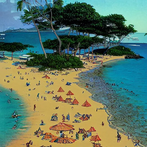 Prompt: a singaporean beach, by moebius