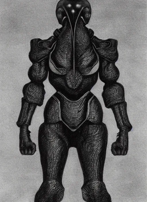 Prompt: dark samus in the style of zdzisław beksinski, full body portrait