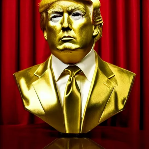 Prompt: a gold bust of Donald Trump that is starting to melt with drips metal falling S 2616423175