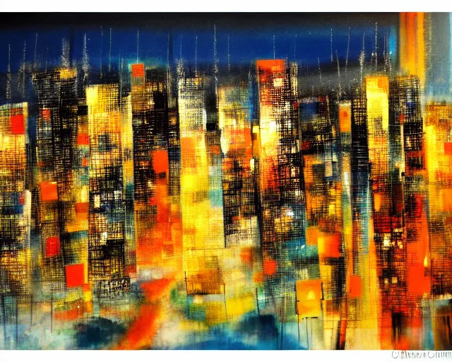 Image similar to an abstract picture of a city at night, an abstract painting by otake chikuha, pixiv, lyrical abstraction, mixed media, cityscape, dynamic composition