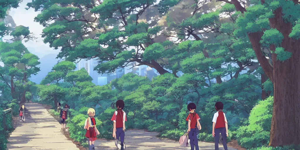 Image similar to anime kids walking home in japanese suburbs with high redwood trees. afternoon puddles after the rain. neogeorgian buildings and stone brick retaining walls near the sidewalk. studioghibli cartoon trending on artstation. cool colors. hills. forests in the distance.