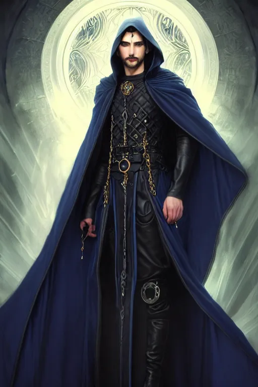 Prompt: handsome male mage opening a portal, long black hair blue eyes wearing cloth mantle gothic navy cloak with leather details, crystal town, fantasy character portrait, ultrarealistic, intricate details, elegant, cinematic lighting, highly detailed, artstation, cgsociety, sharp focus, beautiful digital painting by artgerm, gerald brom, wlop, alphonse mucha