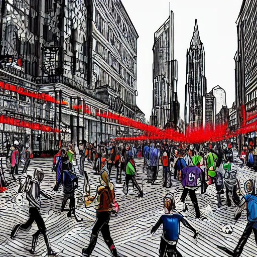 Prompt: landscape of people running away scared from crypto logos standing in the city, digital drawing, hyper - detailed, hdr, 8 k