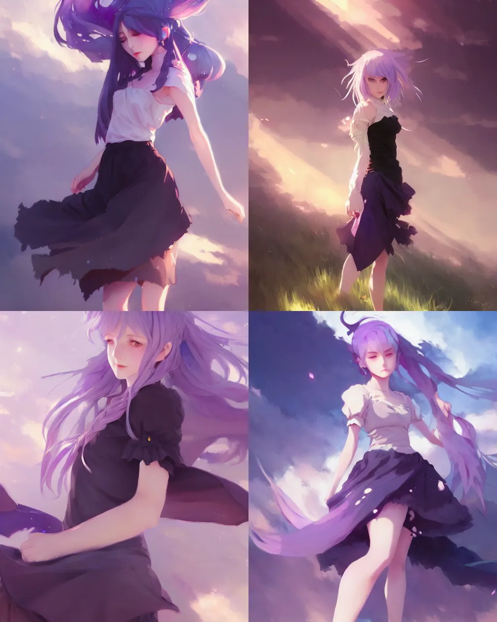 Prompt: a girl with lavender hair and black skirt, fantasy background, a beautiful half body illustration, top lighting, perfect shadow, soft painting, reduce saturation, leaning towards watercolor, art by hidari and krenz cushart and wenjun lin