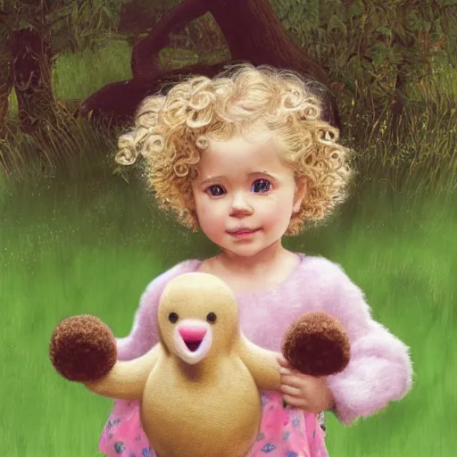 Prompt: a beautiful [[[[[happy]]]]] little blonde toddler girl with short loosely curly hair, at the park on a beautiful day, holding a round all-pink stuffed penguin, by Dan Mumford, Junji Murakami, Mucha Klimt, Hiroshi Yoshida and Craig Mullins, featured on Artstation, CGSociety, Behance HD, Deviantart