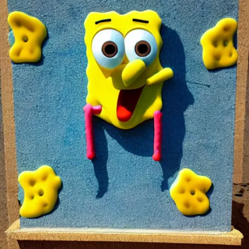 Image similar to spongebob squarepants made out of stone.