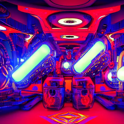 Image similar to cover art, album is called tripmachine, tripmachine, photo of a huge futuristic steampunk machinery with guitars and drums and loudspeakers, connected with glowing tubes 8 k, fluorescent colors, halluzinogenic, multicolored, exaggerated detailed, front shot, 3 d render, octane