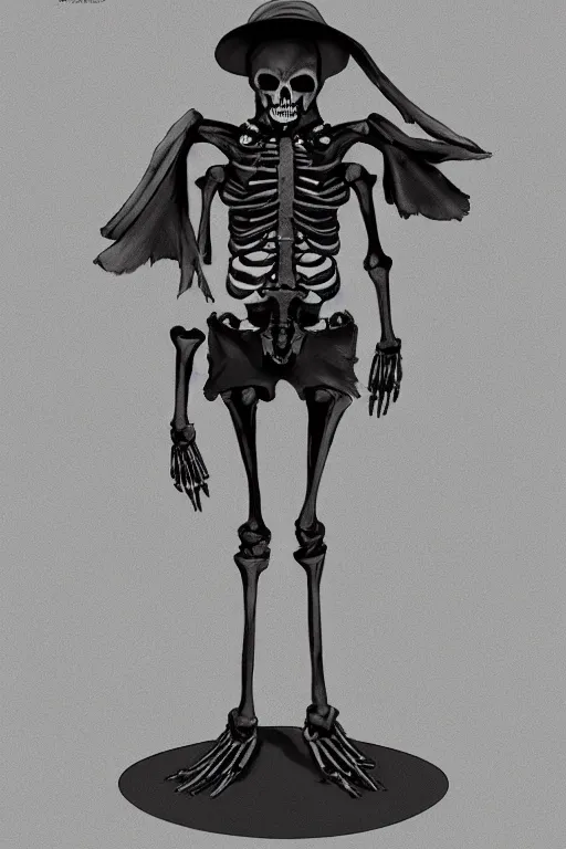 Image similar to a full body shot of a Grim Reaper by Tomohiro Shimoguchi, skeleton face,wears shorts, destroyed hat ,highly detailed, trending on artstation,manga