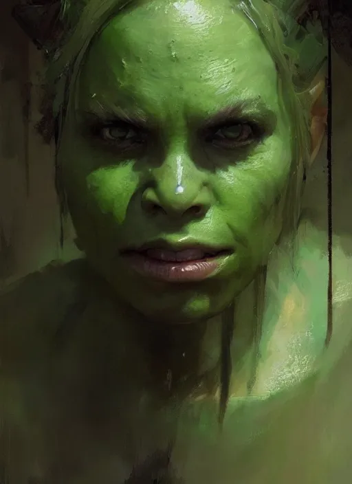 Image similar to green orc female, light green tone beautiful face by jeremy mann, greg rutkowski