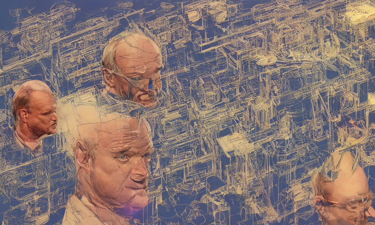 Prompt: annotated highly - detailed and intricate 4 5 degree isometric cross - section of kelsey grammer's head + colored marker concept art style rendering + half blueprint + tetrachromacy + john berkey + vincent di fate + ralph mcquarrie + center frame : : annotations : : crane : : - 1