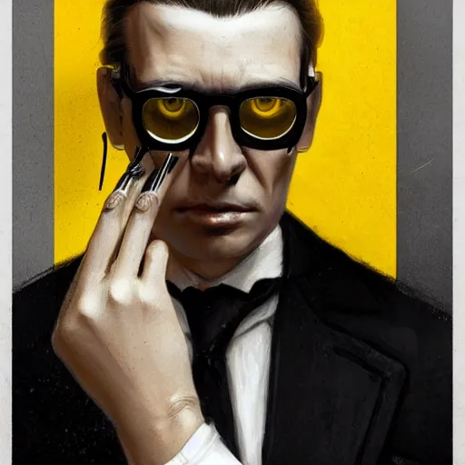 Prompt: digital art portrait of a man with black suit, yellow glasses, cigarette, skull make - up, white leather gloves, long blonde hair, by greg rutkowski, trending on artstation, face symmetry, proportional, detailed,