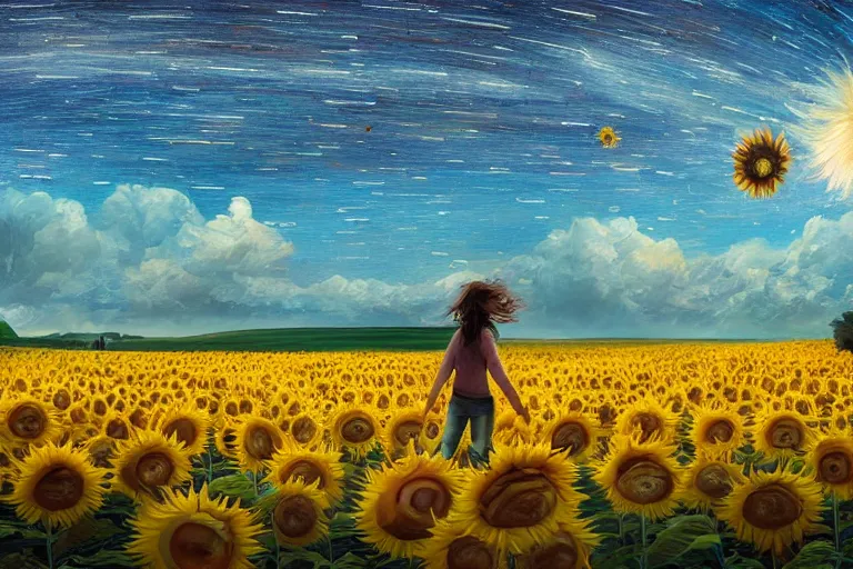 Image similar to giant sunflower as a head, girl walking in wheat field, hills, surreal photography, dark night, star trails, dramatic light, impressionist painting, clouds, digital painting, artstation, simon stalenhag