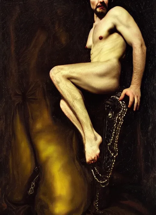 Image similar to highly detailed oil painting | very intricate | cinematic lighting | black, white and gold color scheme, dark background | a man dressed by alexander mcqueen | by roberto ferri, by gustav moreau, by singer sargent and klimt, american romanticism, occult art | by austin osman spare, artstation, cgsociety, official art, octane