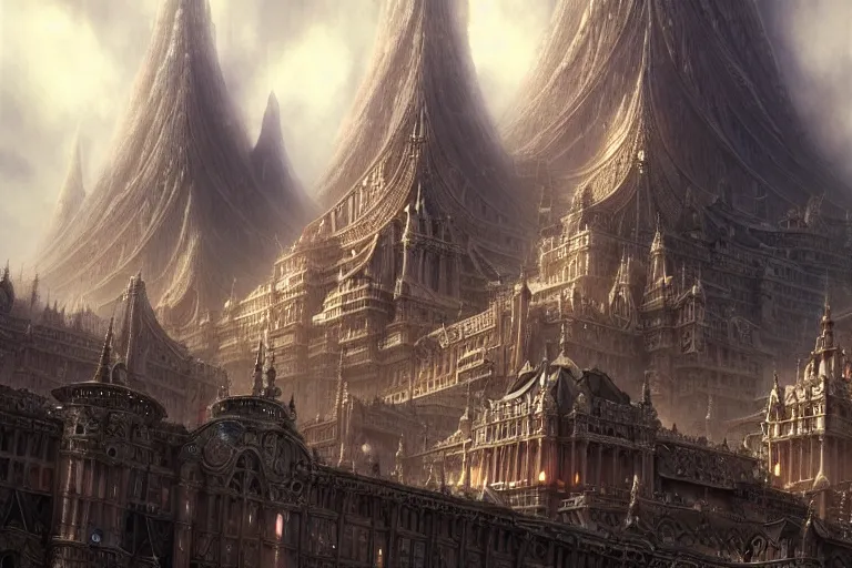 Image similar to a beautiful and insanely detailed matte painting of an advanced sprawling civilization with surreal architecture designed by akihiko yoshida!, whimsical!!, epic scale, intricate details, sense of awe, elite, fantasy realism, complex layered composition!!