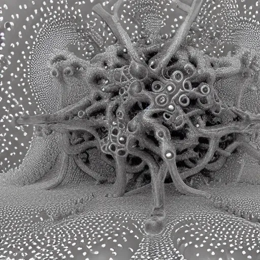 Image similar to a daguerreotype depicting precise details of microscopic shoggoth nanomachines in a fractal neuronal mycelial network, unreal engine cinema 4 d photorealism volumetric lighting