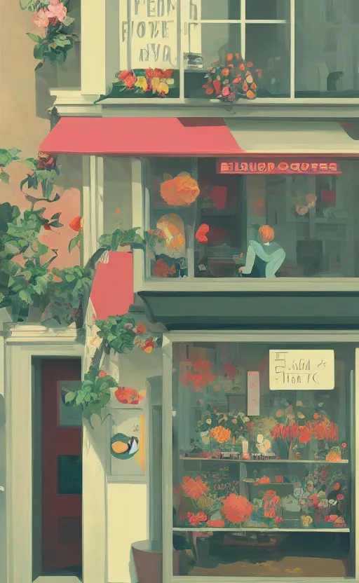 Image similar to cute cozy flower shop, surreal illustration, by atey ghailan and escher and edward hopper