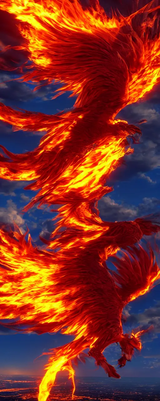 Image similar to fire flaming phoenix photorealism cinematic flying majestic epic detailed 4K