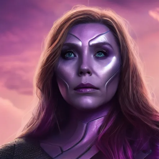 Image similar to Elizabeth Olsen as Thanos, Elizabeth Olsen wearing Thanos attire and makeup, trending on artstation, 4k, 8k.