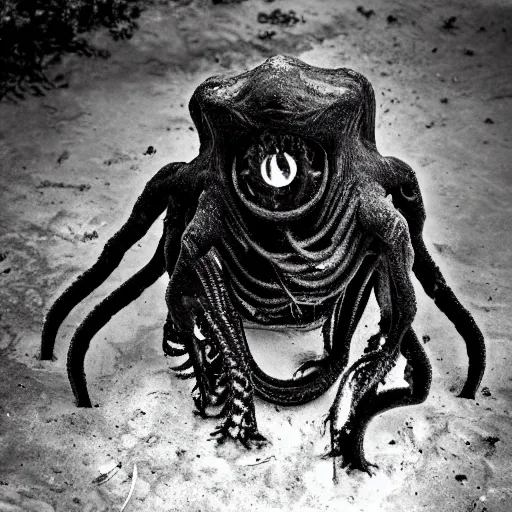 Image similar to a black and white photo of a lovecraftian creature