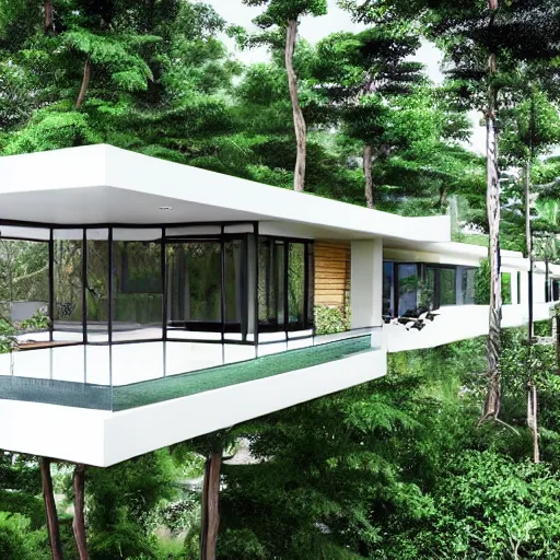 Image similar to modern house, surrounded by a lush jungle, hyper realistic, photo real,