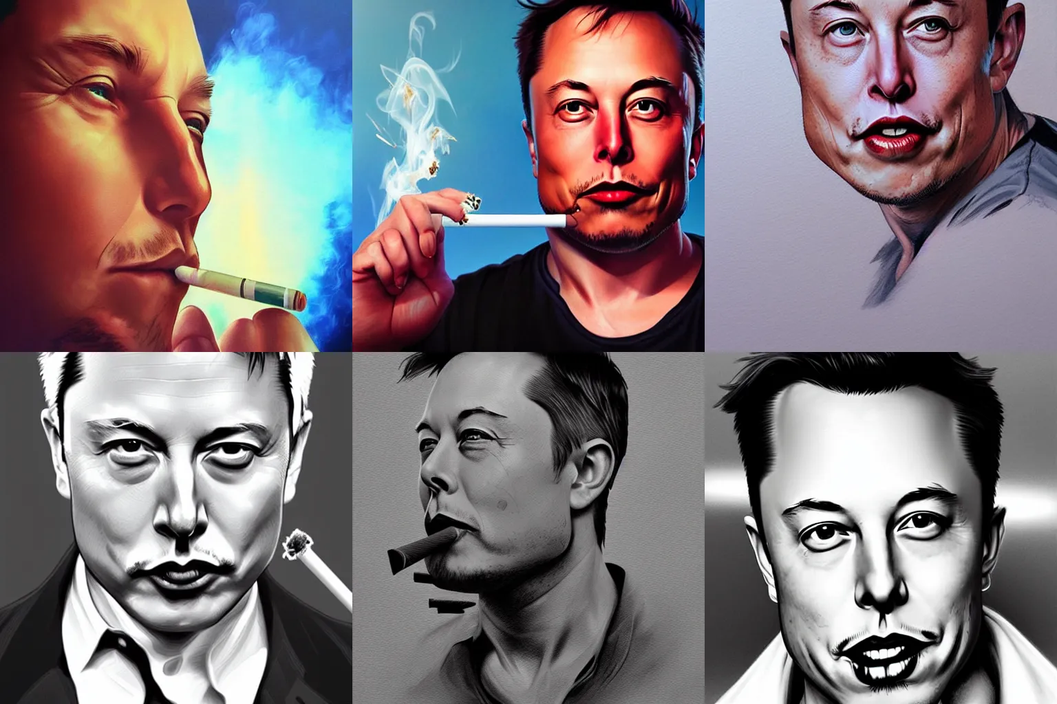 Prompt: Elon Musk with a cigarette, Artwork by Artgerm