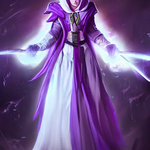 Image similar to female warlock long hood cloak purple, beautiful face purple eyes. fighting monster with magic, 8 k, trending on artstation by tooth wu