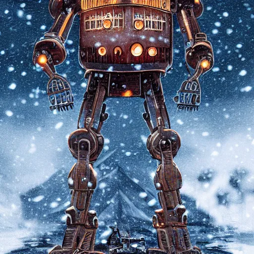 Prompt: the iron giant in war mode standing in the snow, highly detailed, steam punk, midjourney, 70's sci-fi, deep aesthetic, 4k, highly ornate intricate details, rich colors, digital artwork, symmetrical, ray tracing,