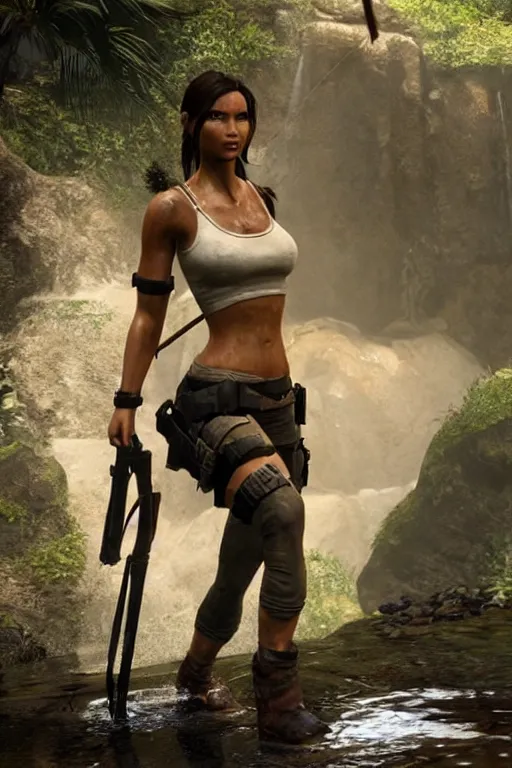 Image similar to film scene of lara croft, drenched body, wet dripping hair, emerging from the water, unreal engine