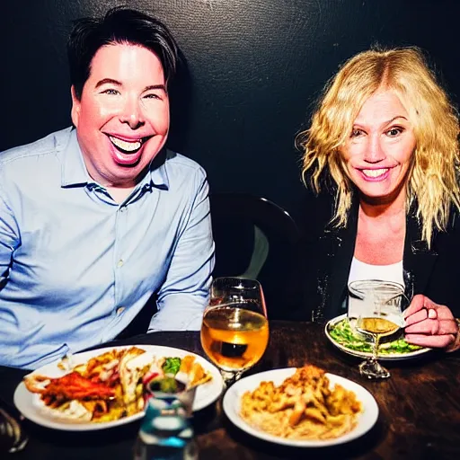 Image similar to portait of michael mcintyre and middle aged blonde woman with short hair and a blonde woman with long hair having dinner at sunday in brooklyn restaurant, greg rutkowsk