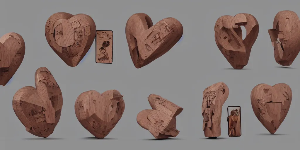 Image similar to wooden heart design, character sheet, 3d render, Greg Rutkowski, Zabrocki, Karlkka, Jayison Devadas, Phuoc Quan, trending on Artstation, 8K, ultra wide angle, zenith view, pincushion lens effect