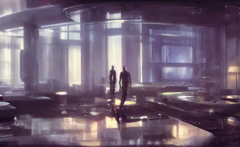Prompt: a futuristic luxury high tech apartment interior, painting by Craig Mullins, octane rendering, moody lighting, wide angle lens, in the style of blade runner