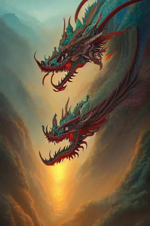 Prompt: a beautiful and detailed thai dragon paintings by Chalermchai Kositpipat and Ghibli Studios, Dan Mumford, James Gurney, artstation, cinematic lighting, omnious sky