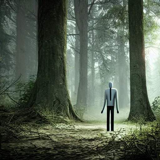 Prompt: slenderman and sirenhead walking through the forest, ultra realistic render,