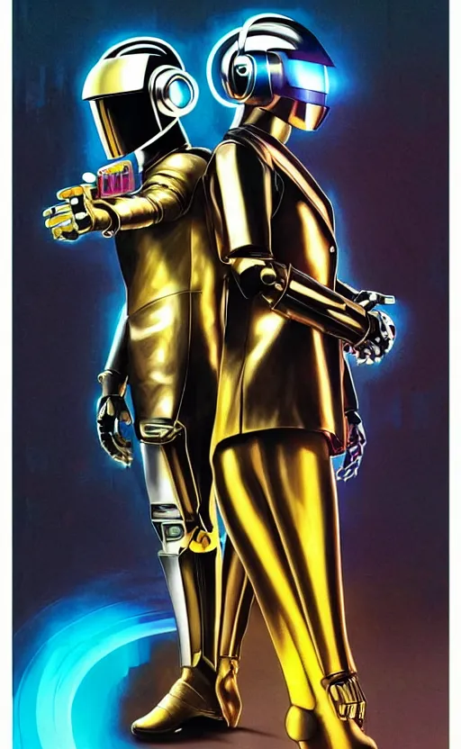 Image similar to portrait of 2 Daft Punk Robots as a character in arabian Cyberpunk 2077, looking at camera, intricate, dystopian, sci-fi, extremely detailed, digital painting, artstation, concept art, smooth, sharp focus, illustration, intimidating lighting, chrome reflexions, incredible art by artgerm and greg rutkowski and alphonse mucha and simon stalenhag