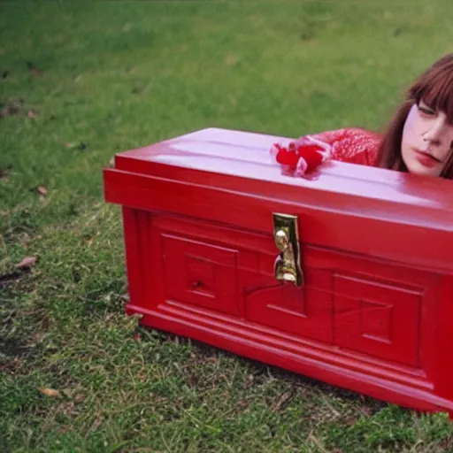 Prompt: - i full - bodied girl dead in a red coffin wood box