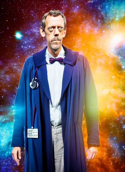 Image similar to dslr photo portrait still of hugh laurie as doctor who in front of a nebula through the open door of the tardis, 8 k, 8 5 mm f 1. 4